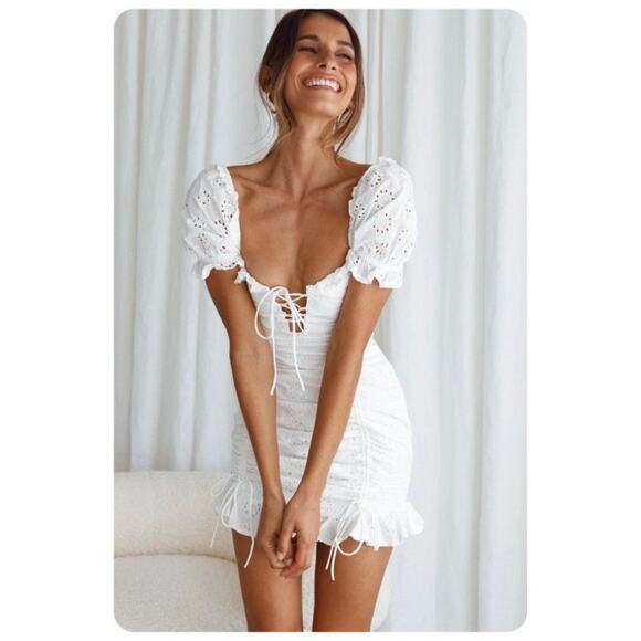 Hello Molly White Eyelet Saved By The Bell Mini Dress Sz.L/US 8 - Picture 3 of 16